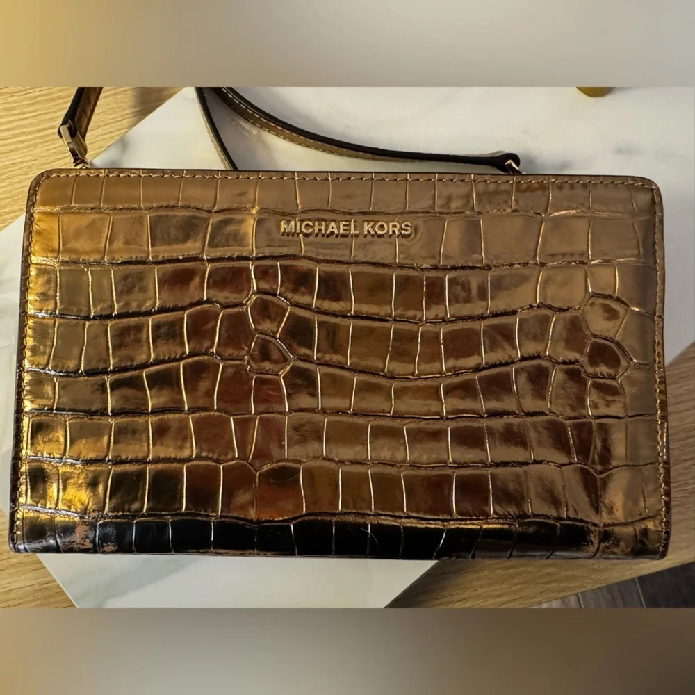 Michael Kors Shiny Gold Croc-Embossed Clutch